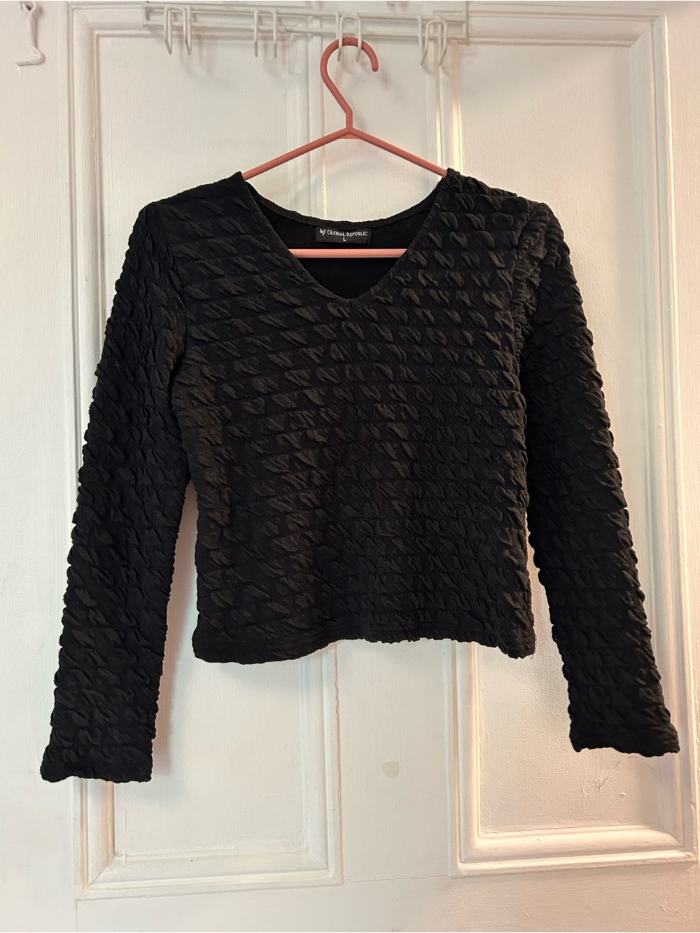 Black Textured V-Neck Long Sleeve Top